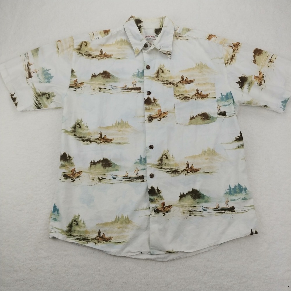 Summa Mens SizeL Button Up Linen Shirt Sailboat AOP Pocket Fishing‎ Short Sleeve